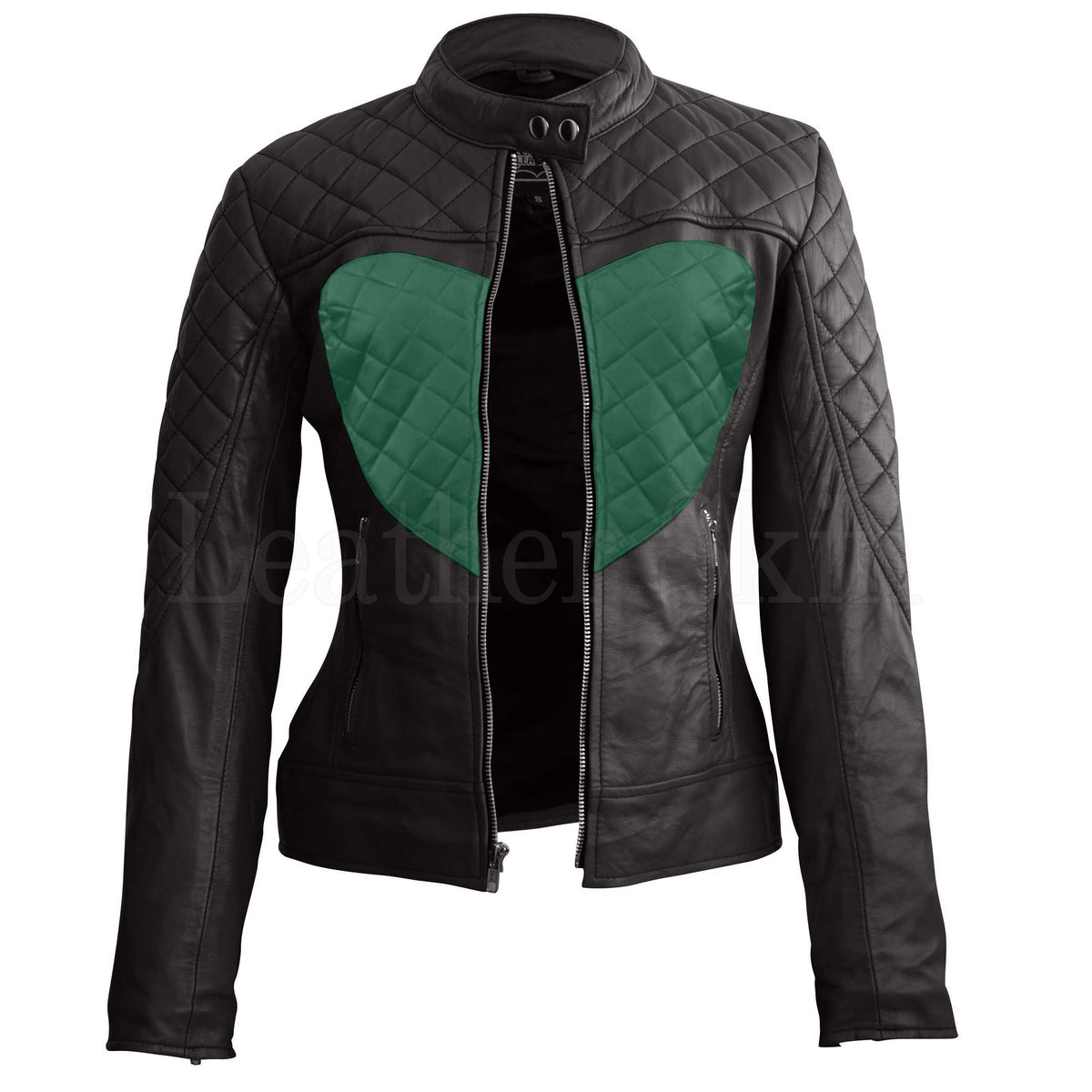 Leather Skin Women Shoulder Quilted Green Love Heart Genuine Leather Jacket