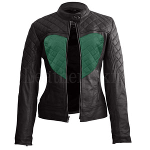 Leather Skin Women Shoulder Quilted Green Love Heart Genuine Leather Jacket