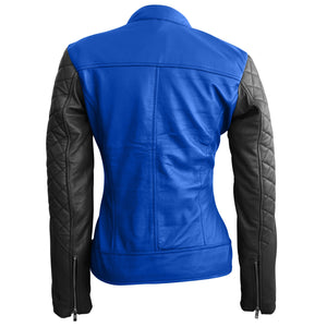 Leather Skin Women Blue with Black Sleeves Shoulder Quilted Genuine Leather Jacket