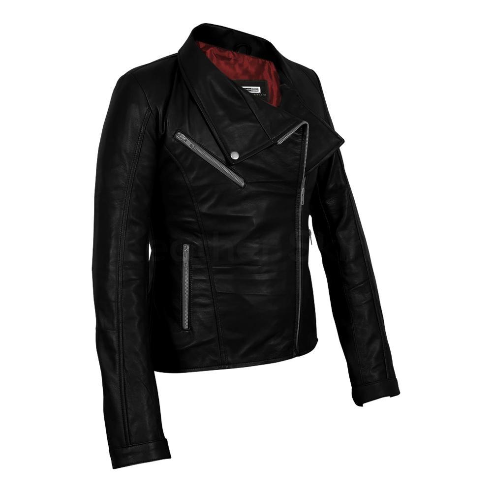 Black Belted Leather Jacket with Red Lining