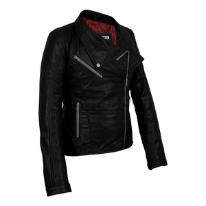 Black Belted Leather Jacket with Red Lining