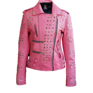 Leather Skin Women Pink Studded Studs Genuine Leather Jacket