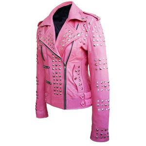Linda Pink Studded Studs Genuine Leather Jacket