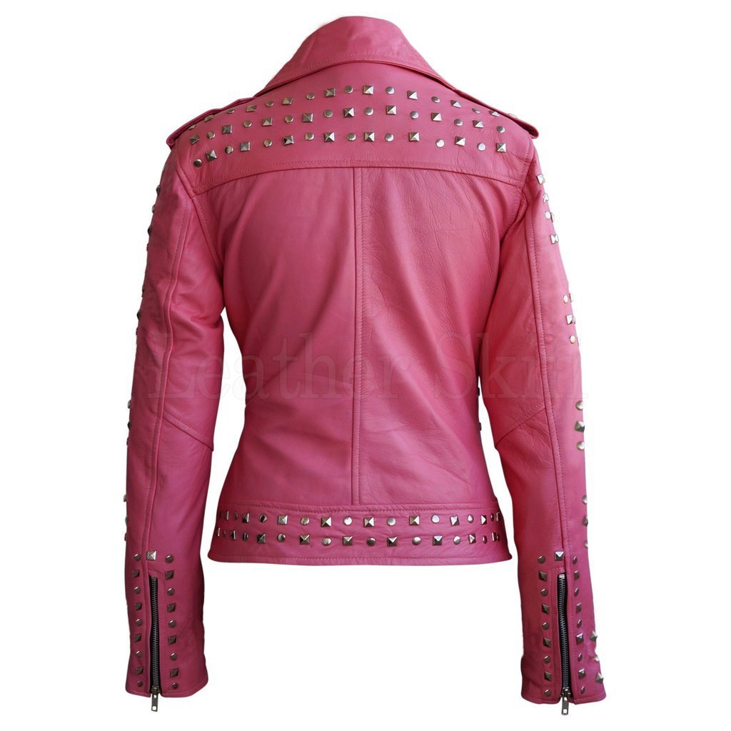 Linda Pink Studded Studs Genuine Leather Jacket