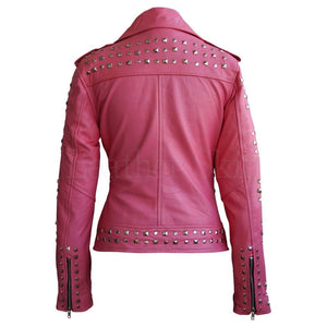 Linda Pink Studded Studs Genuine Leather Jacket