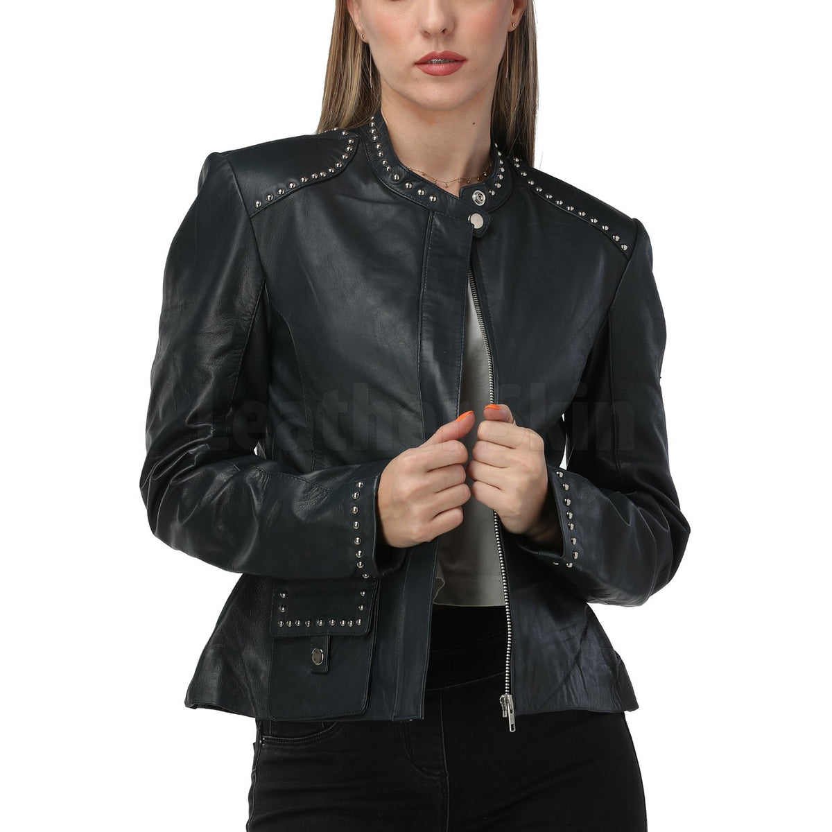 Luna Navy Blue Studded Leather Jacket