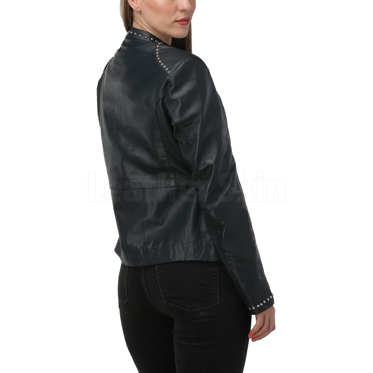 Luna Navy Blue Studded Leather Jacket