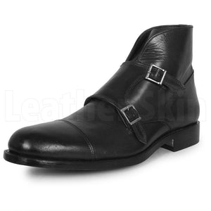 Men Black Double Monk Chukka Genuine Leather Boots
