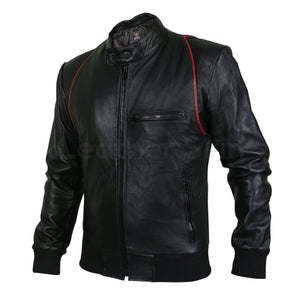 mens genuine black leather jacket with red stripes