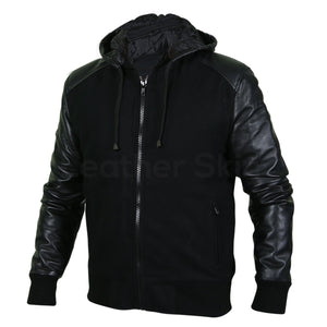 mens hood black jacket with leather sleeves