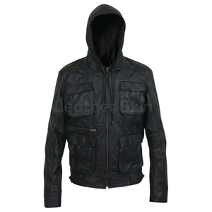 men leather jacket with fabric hoodie