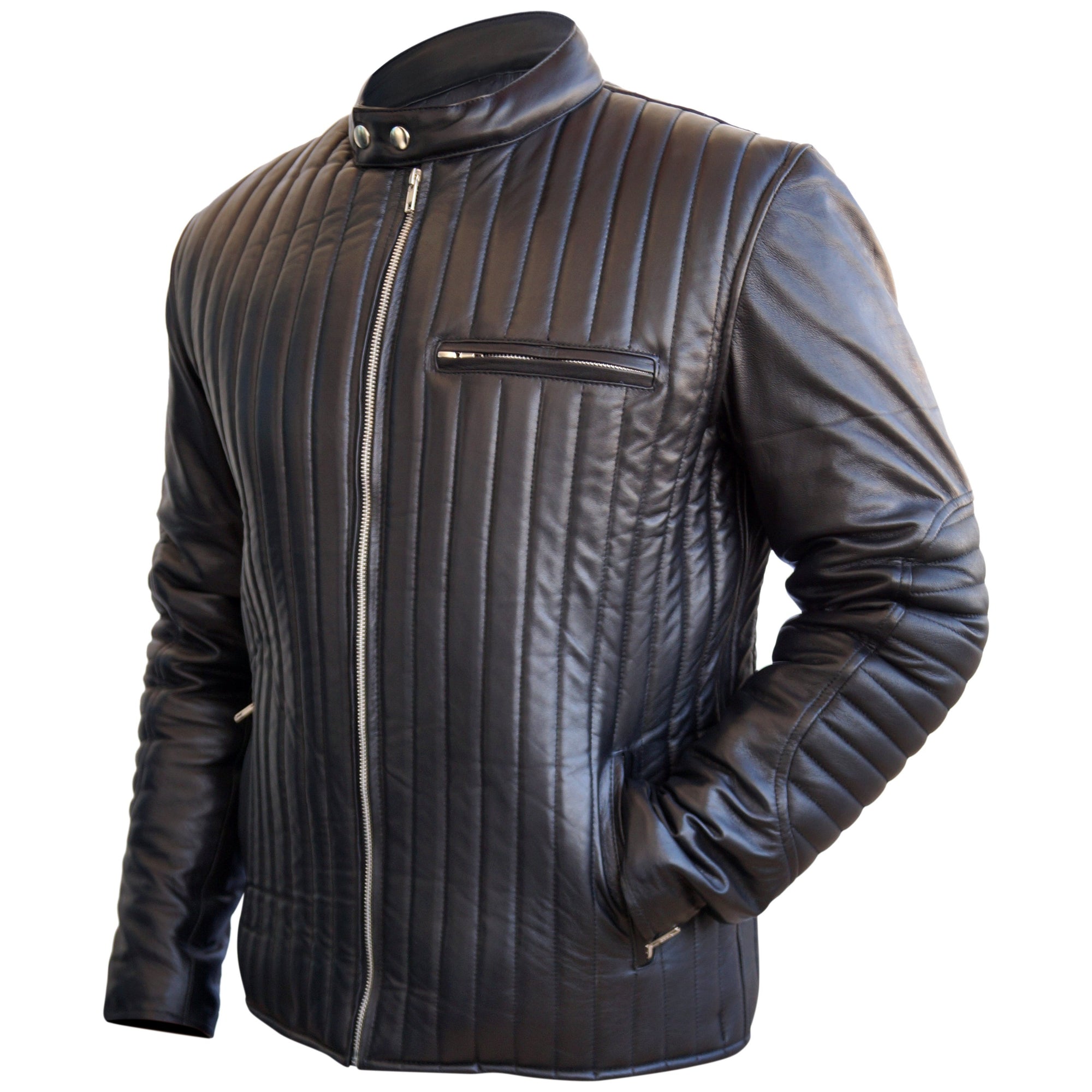 Men Rib Quilted Black Genuine Real Leather Jacket