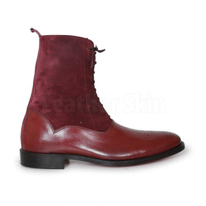 Men Red Burgundy Brogue Genuine & Suede Lace Up Leather Boots
