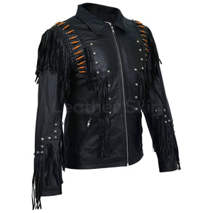 mens fringed leather jacket spikes