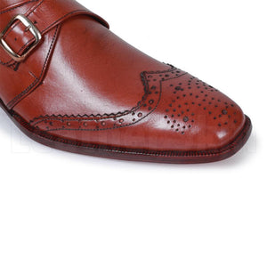 Men Brown Brogue Wingtip Single Monk Genuine Handmade Leather Shoes