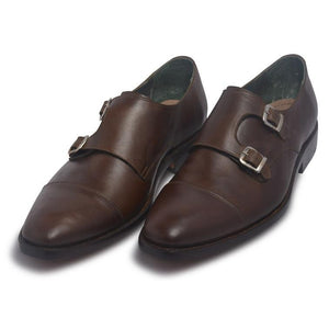 men strap leather shoes in brown color