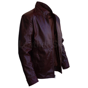 Men Distressed Maroon Red Vintage Genuine Leather Jacket with Front Zipper Closure