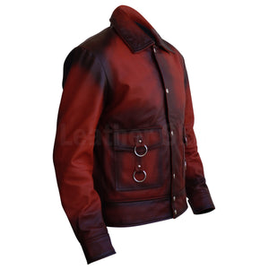 Men Distressed Tan Red Cow Leather Jacket with Metal Hoops Front Zipper Buttons