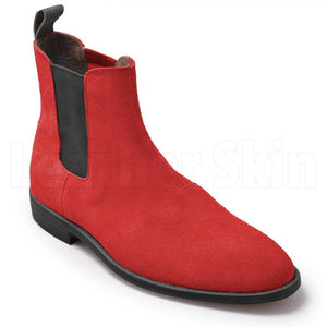 Men Red Chelsea Suede Leather Boots