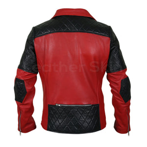 Men Red Genuine Leather Jacket with Black Diamond Quilted Shoulders