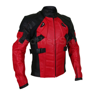 red biker leather jacket with black patches