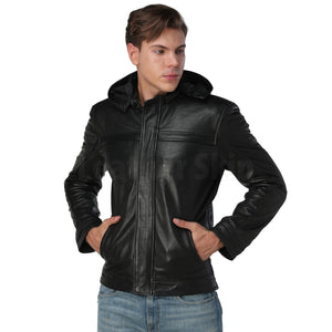 Men’s Black Hooded Leather Jacket