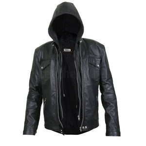 Men’s Black Leather Jacket with Hoodie