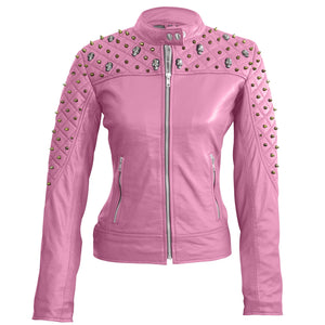 Leather Skin Women Pink Spike Skeleton Studs Genuine Leather Jacket