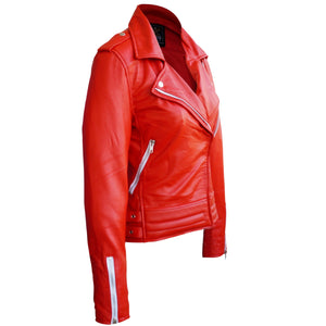 Leather Skin Women Red Brando White Zippers Genuine Leather Jacket