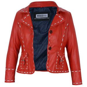 Red Leather Jacket Women - Genuine Real Leather Jacket Blazer with Buckle