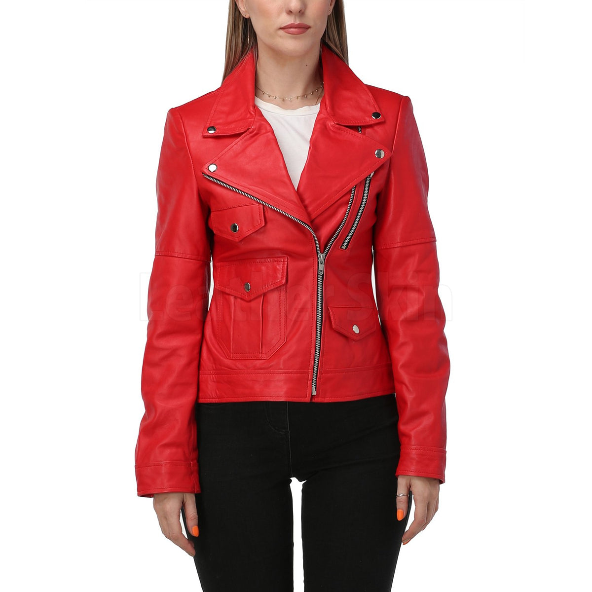 Red Leather Jacket with Classic Collar