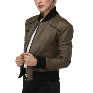 Women Army Green Leather Jacket