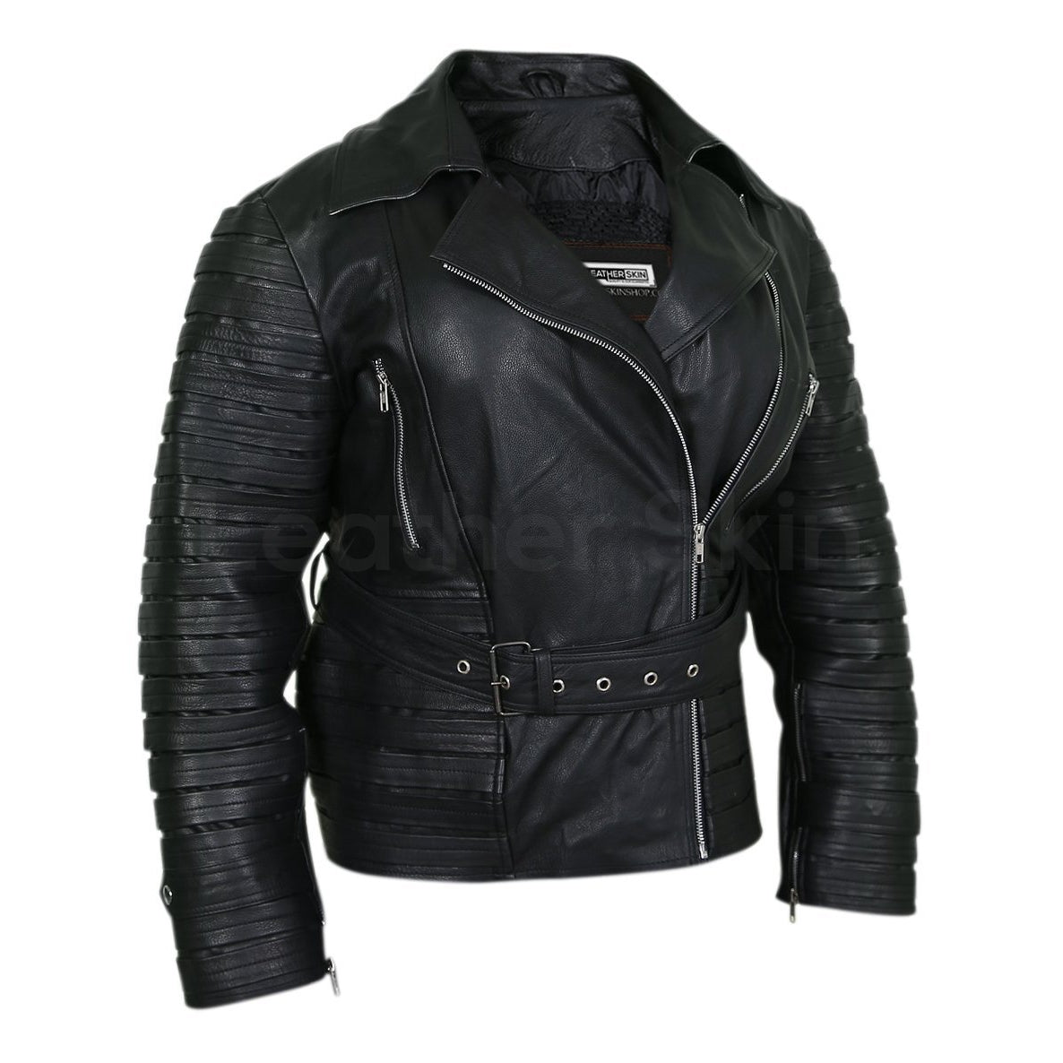 Black stripes leather jacket women