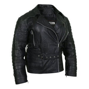 Black stripes leather jacket women