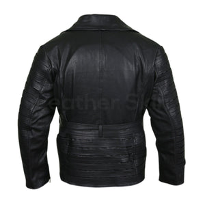 Women Black Belted Leather Jacket with stripes on top