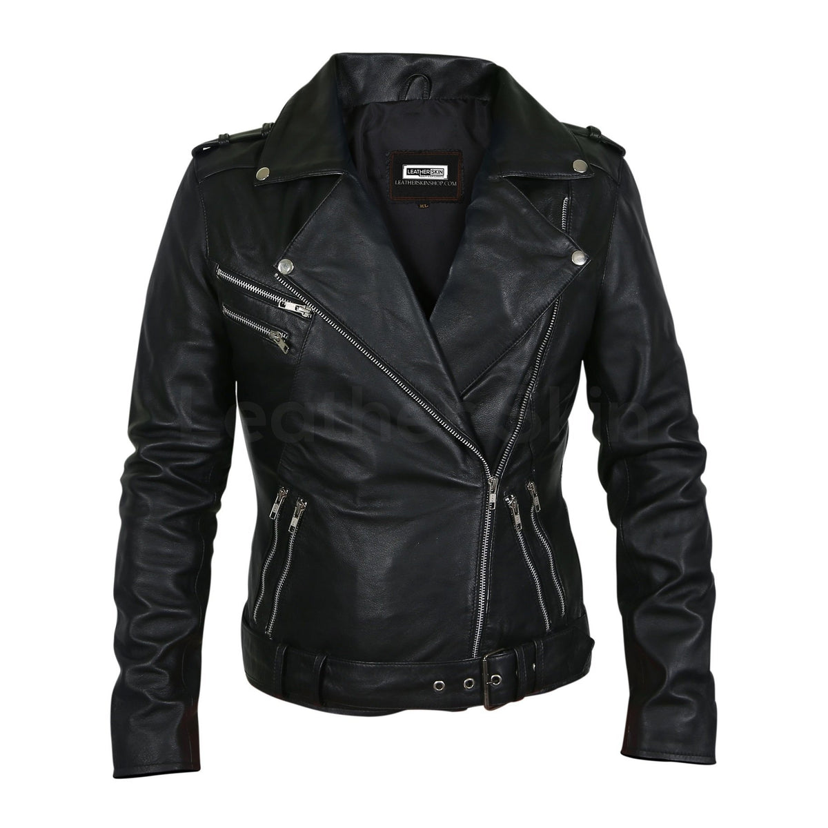 women black leather jacket silver zipper