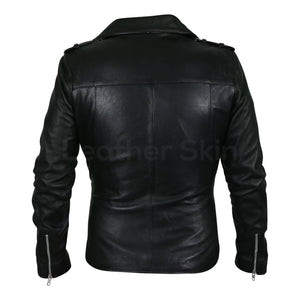 Women Black Belted Motorcycle Leather Jacket with Extra Silver Zippers