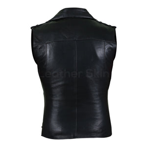 Women Black Belted Motorcycle Leather Vest with Silver Zippers