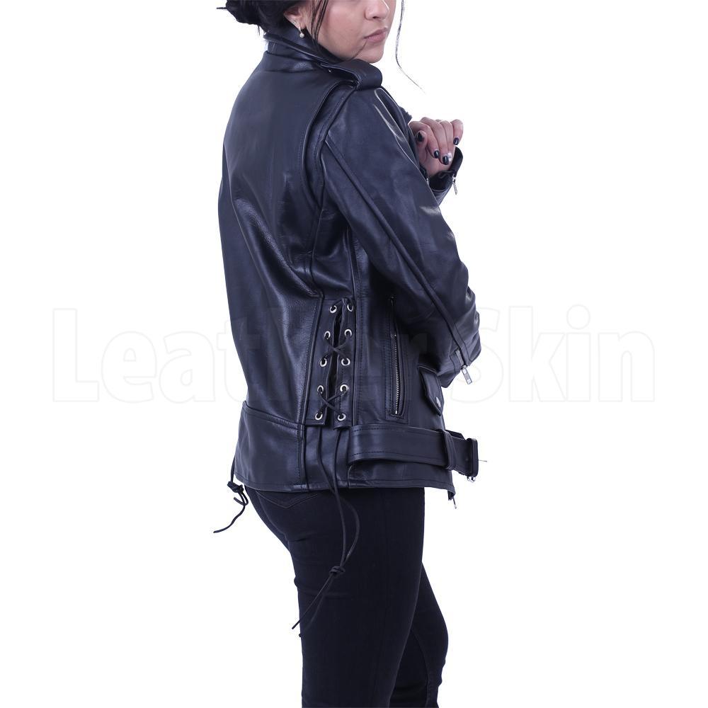 Women Black Brando Belted Biker Motorcycle Leather Jacket