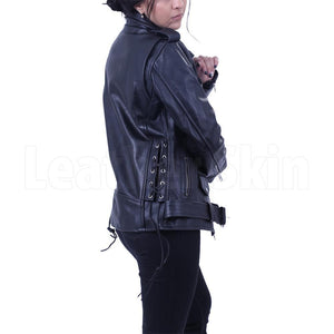 Women Black Brando Belted Biker Motorcycle Leather Jacket