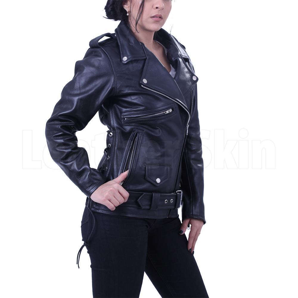 Women Black Brando Belted Biker Motorcycle Leather Jacket