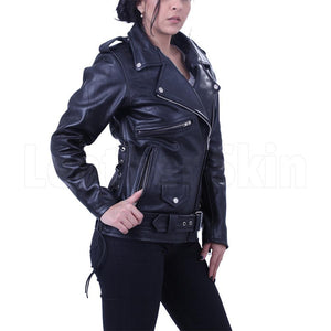 Women Black Brando Belted Biker Motorcycle Leather Jacket