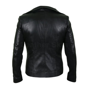 Women Black Leather Jacket with Flap for Front Zipper