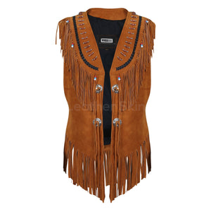 women fringes brown leather jacket