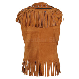 Women Brown Fringes Decorative Beads Suede Leather Jacket