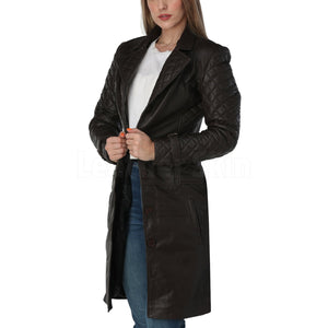 Women Dark Brown Quilted Leather Coat