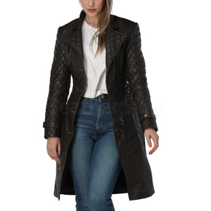 Women Dark Brown Quilted Leather Coat