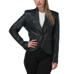 Mary Navy Blue Leather Blazer