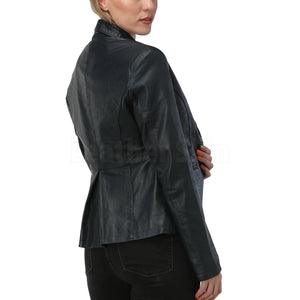 Women Navy Blue Leather Blazer