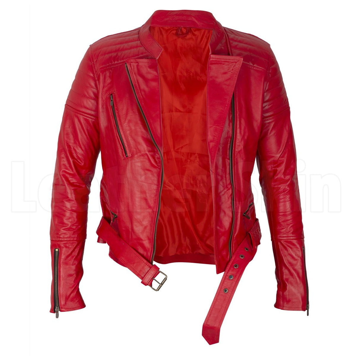 Virginia Red Belted Leather Biker Jacket